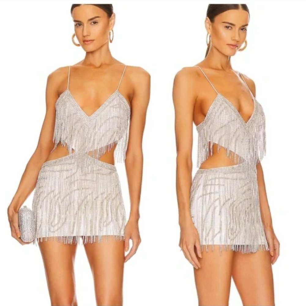 Retrofete Silver Sequin Fringe Mini Dress